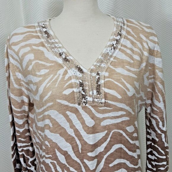 Chicos Cotton Linen Blend Top Womens US Med Brown Animal Print Soft Knit Zebra - Picture 2 of 4